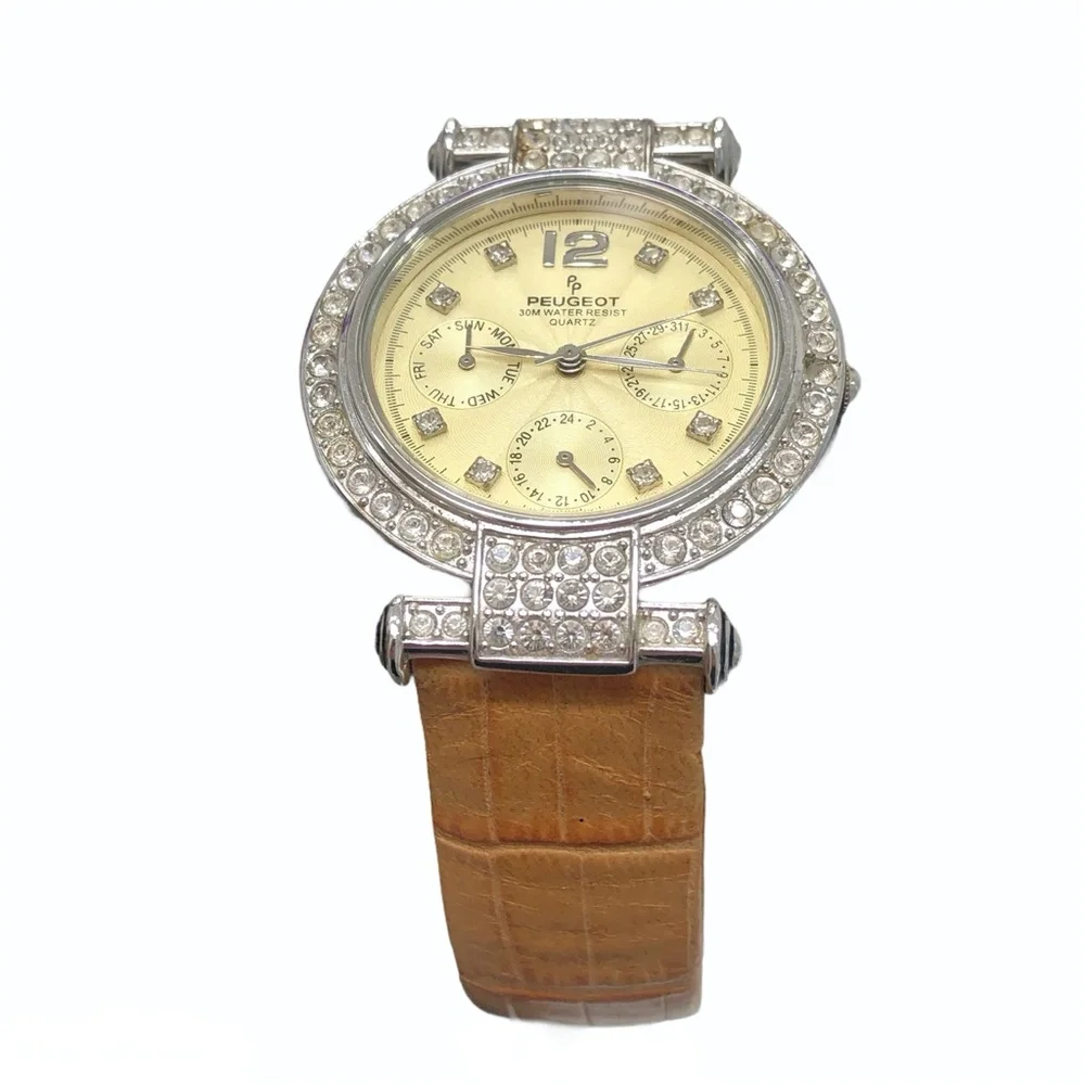 P. PEUGEOT YELLOW FACE & CROCODILE STAMPED BAND WITH CRYSTAL BEZEL WATCH